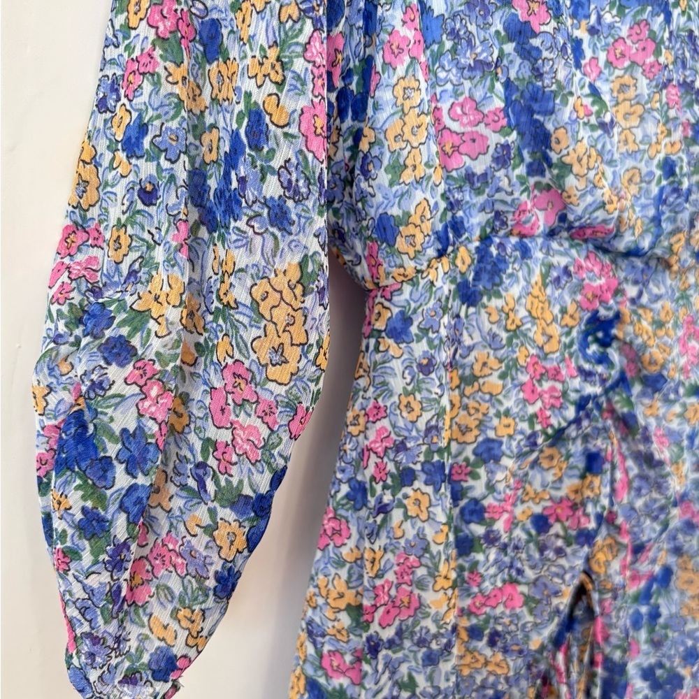Zara| Blue & Pink Feminine Floral Above Knee Ruched Dress with V-Neck Sz XS - Picture 6 of 9